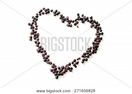 Freeze Dried Blueberries On A White Background In The Form Of Heart. Lyophilization. Food For Astron