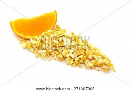 Freeze Dried And Fresh Orange On A White Background. Lyophilization. Food For Astronauts. Isolated