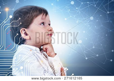 Side View Of Cute Little Boy Thinking Standing Near Gray Wall With Double Exposure Of Circuits And N