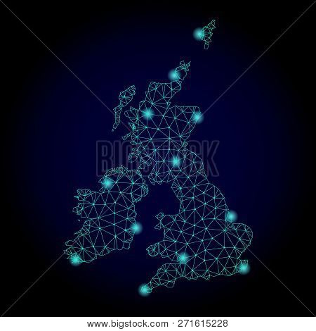 Glossy Polygonal Mesh Map Of Great Britain And Ireland. Abstract Mesh Lines, Triangles, Light Spots 
