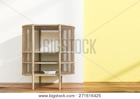 Bookcase In White And Yellow Room