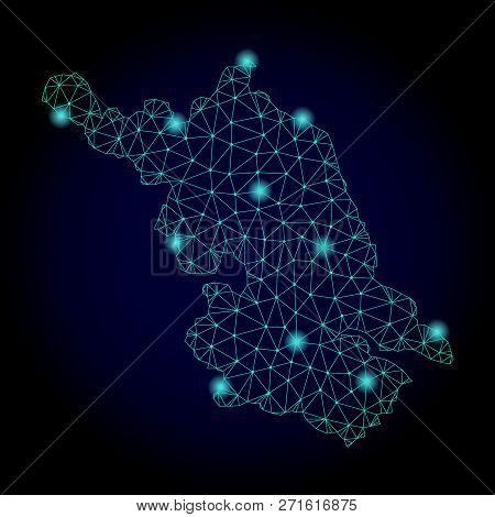 Glossy Polygonal Mesh Map Of Jiangsu Province. Abstract Mesh Lines, Triangles, Light Spots And Point