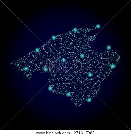 Glossy Polygonal Mesh Map Of Majorca. Abstract Mesh Lines, Triangles, Light Spots And Points On Dark