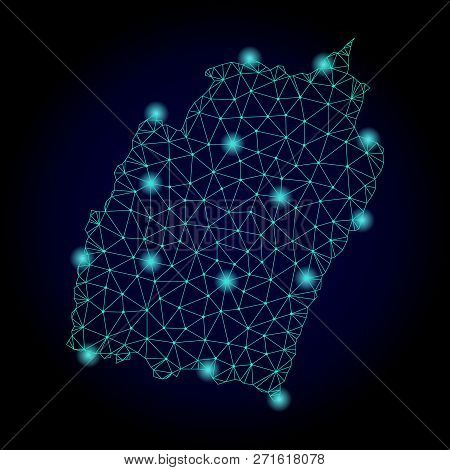 Glossy Polygonal Mesh Map Of Manipur State. Abstract Mesh Lines, Triangles, Light Spots And Points O
