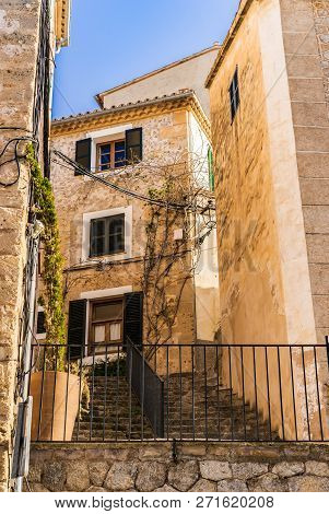Street In Banyalbufar Village On Majorca Island, Spain Mediterranean Sea