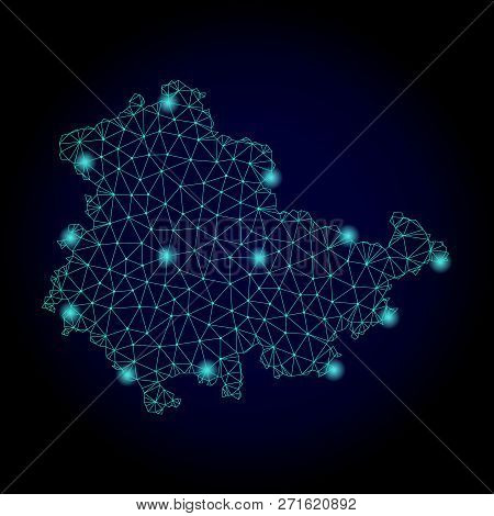 Glossy Polygonal Mesh Map Of Thuringia State. Abstract Mesh Lines, Triangles, Light Spots And Points