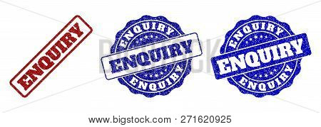 Enquiry Scratched Stamp Seals In Red And Blue Colors. Vector Enquiry Labels With Scratced Texture. G