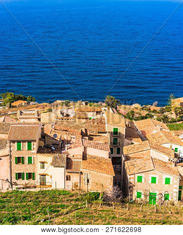 Beautiful View Of The Old Rustic Spanish Village Banyalbufar On Majorca, Spain Balearic Islands