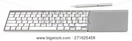 Computer Keyboard Trackpad And Stylus  Isolated On White Background