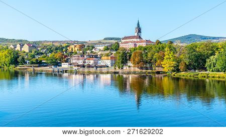 Panoramic Cityscape Of Litomerice Reflected In Labe River, Czech Republic