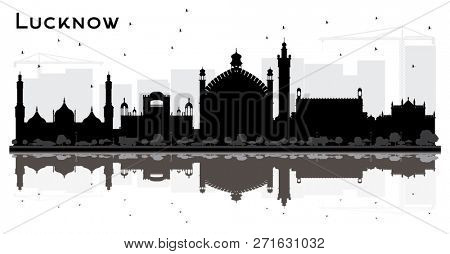 Lucknow India City Skyline Silhouette with Black Buildings and Reflections. Business Travel and Tourism Concept with Modern Architecture. Lucknow Cityscape with Landmarks.
