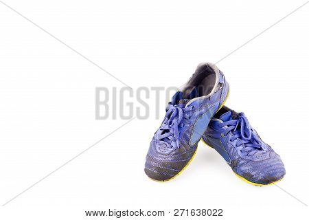 Old Blue Worn Out Futsal Sports Shoes On White Background Soccer Sportware Object Isolated