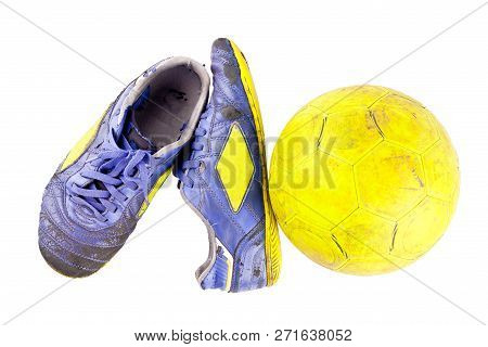 Old Blue Futsal Shoes Old Yellow Futsal Ball On White Background Football  Object Isolated