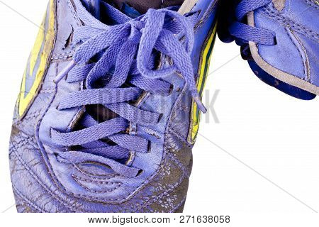 Old Vintage Damaged Futsal Sports Shoes  On White Background Football Sportware Object Isolated
