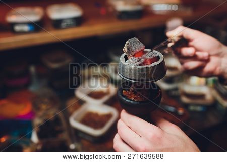Shisha Hookah With Red Hot Coals. Sparks From Breathe. Modern Hookah With Coconut Charcoal For Relax