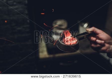 Shisha Hookah With Red Hot Coals. Sparks From Breathe. Modern Hookah With Coconut Charcoal For Relax