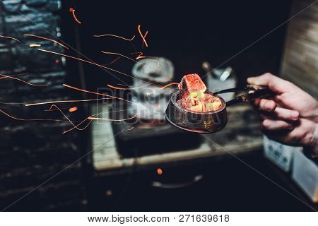 Shisha Hookah With Red Hot Coals. Sparks From Breathe. Modern Hookah With Coconut Charcoal For Relax