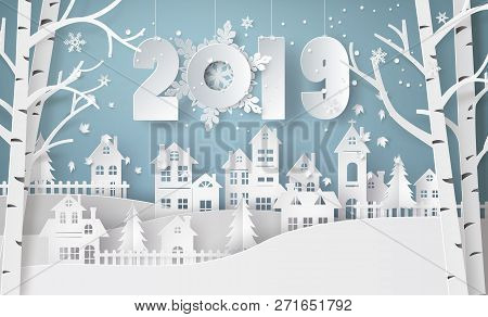 Happy New Year And Winter Season , Snow Urban Countryside Landscape City Village With Text 2019,pape