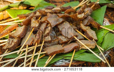 Satay Sate Skin Cow With Brown Color And Banana Leaf To Serve From Indonesia Traditional Food