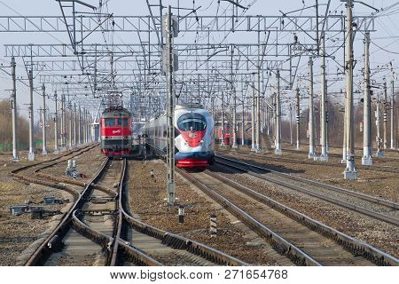 Leningrad Region, Russia - April 09, 2018: Modern High-speed Express Evs1-16 