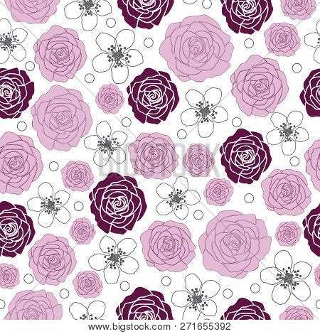 Rose And Dewberry-flowers In Bloom Seamless Repeat Pattern Background In Black And White