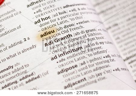 The Word Or Phrase Adieu In A Dictionary Highlighted With Marker.