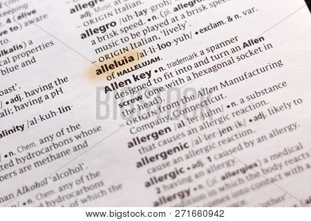 The Word Or Phrase Alleluia In A Dictionary Highlighted With Marker.