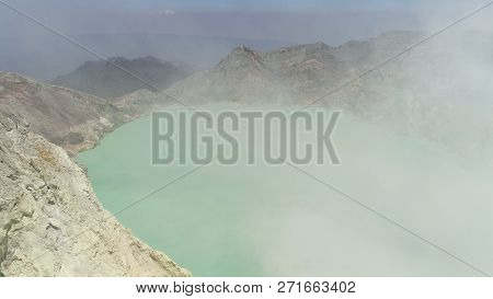 Aerial View Mountain Landscape With Crater Acid Lake Kawah Ijen Where Sulfur Is Mined. Sulfur Gas, S