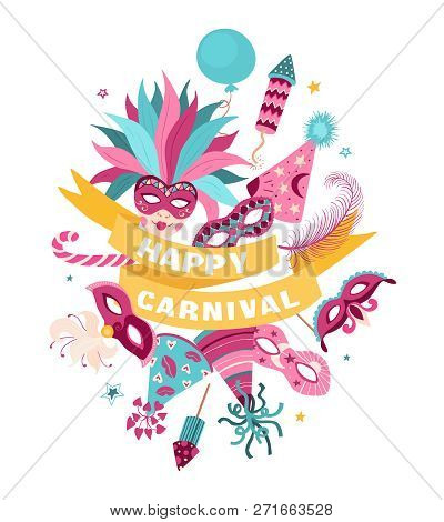 Happy Carnaval Banner Template With Carnival Symbols Isolated On White Background. Vector Colorful I