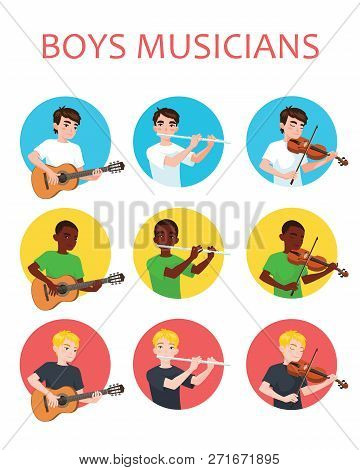 Musicians Boys Is Inspired To Play Different Musical Instruments. Violinist, Flutist, Guitarist. Vec
