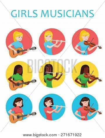 Musicians Girls Is Inspired To Play Different Musical Instruments. Violinist, Flutist, Guitarist. Ve