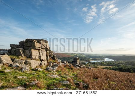 Beautiful Autumn Sunset Landscape Image Of View From Leather Tor Towards Burrator Reservoir In Dartm