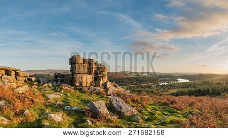 Beautiful Autumn Sunset Landscape Image Of View From Leather Tor Towards Burrator Reservoir In Dartm