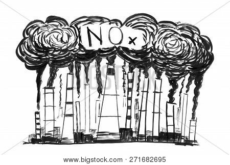 Black Brush And Ink Artistic Rough Hand Drawing Of Smoke Coming From Industry Or Factory Smokestacks
