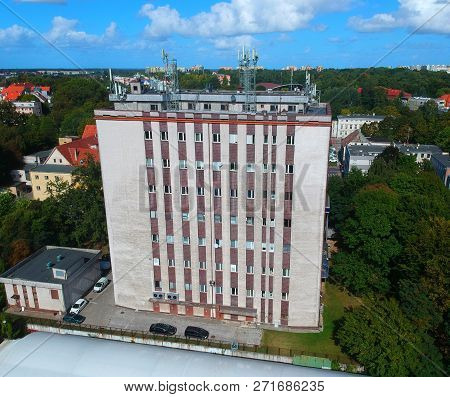 Koszalin, Poland - 13 September 2018 - Aerial view on Telekomunikacja Polska building in Koszalin city, Raclawicka street area