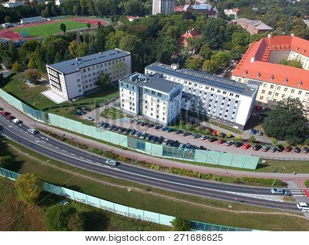 Koszalin, Poland - 13 September 2018 - Aerial view on Job Activation Department and Courthouse building in Koszalin city, Stawisinskiego street area.