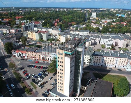 Koszalin, Poland - 13 September 2018 - Aerial view on Zwiazkowiec high building in Koszalin city, Zwyciestwa street area.