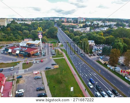 Koszalin, Poland - 13 September 2018 - Aerial view on Monte Cassion bridge with McDonalds restaurant.
