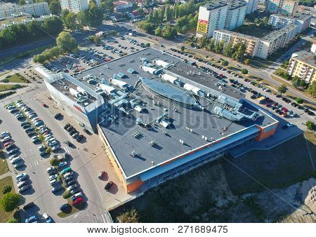 Koszalin, Poland - 13 September 2018 - Aerial view on Shopping Center Emka in north district of Koszalin city, Wladyslawa IV street area