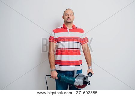 Construction Worker With A Puncher Scream On A White Background.