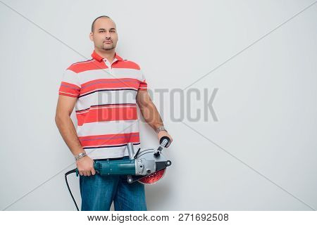 Construction Worker With A Puncher Scream On A White Background.