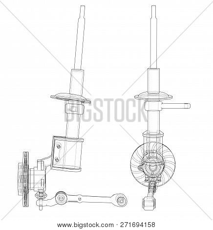 Car Dampers With Brake Disc Outline. Wire-frame Style. 3d Illustration