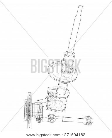 Car Dampers With Brake Disc Outline. Wire-frame Style. 3d Illustration
