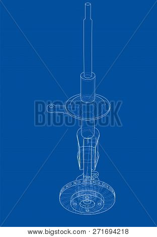 Car Dampers With Brake Disc Outline. Wire-frame Style. 3d Illustration