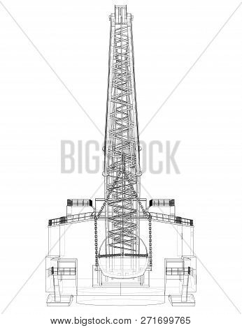 Dragline Walking Excavator. 3d Illustration. Wire-frame Style