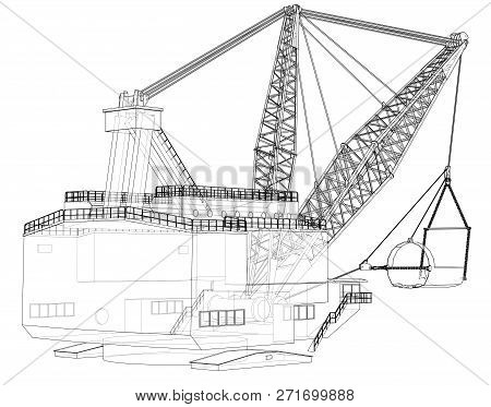 Dragline Walking Excavator. 3d Illustration. Wire-frame Style