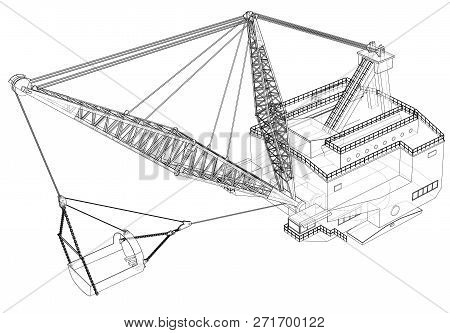 Dragline Walking Excavator. 3d Illustration. Wire-frame Style