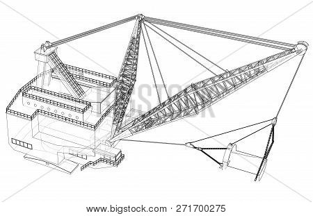Dragline Walking Excavator. 3d Illustration. Wire-frame Style