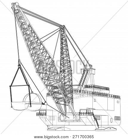 Dragline Walking Excavator. 3d Illustration. Wire-frame Style