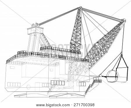 Dragline Walking Excavator. 3d Illustration. Wire-frame Style